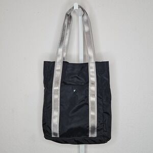 BMW Black Nylon Expandable Tote Bag Silver Webbing Straps Front Pocket Logo